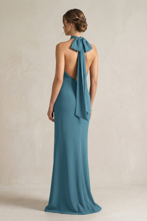 Halter Sheath Satin Bridesmaid Dress With Bow in Dark Teal - KissProm Bridesmaid Dresses