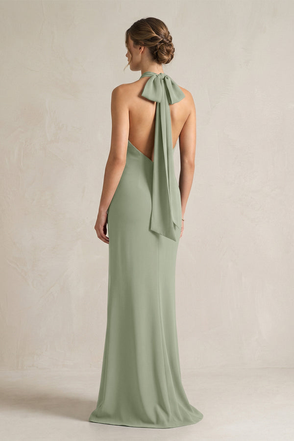 Halter Sheath Satin Bridesmaid Dress With Bow in Dove Gray - KissProm Bridesmaid Dresses