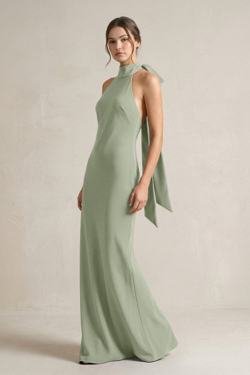 Halter Sheath Satin Bridesmaid Dress With Bow in Dove Gray - KissProm Bridesmaid Dresses