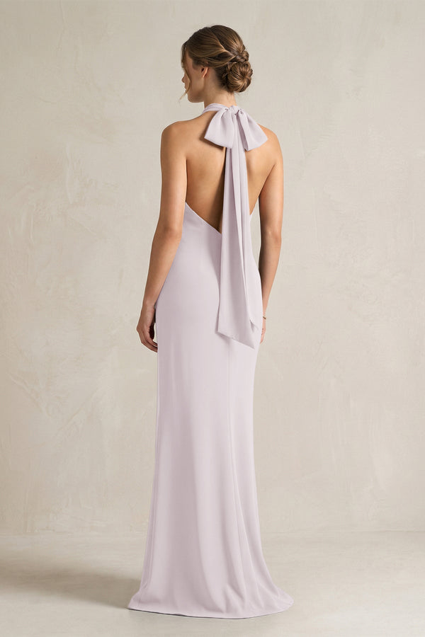 Halter Sheath Satin Bridesmaid Dress With Bow in Dusk - KissProm Bridesmaid Dresses