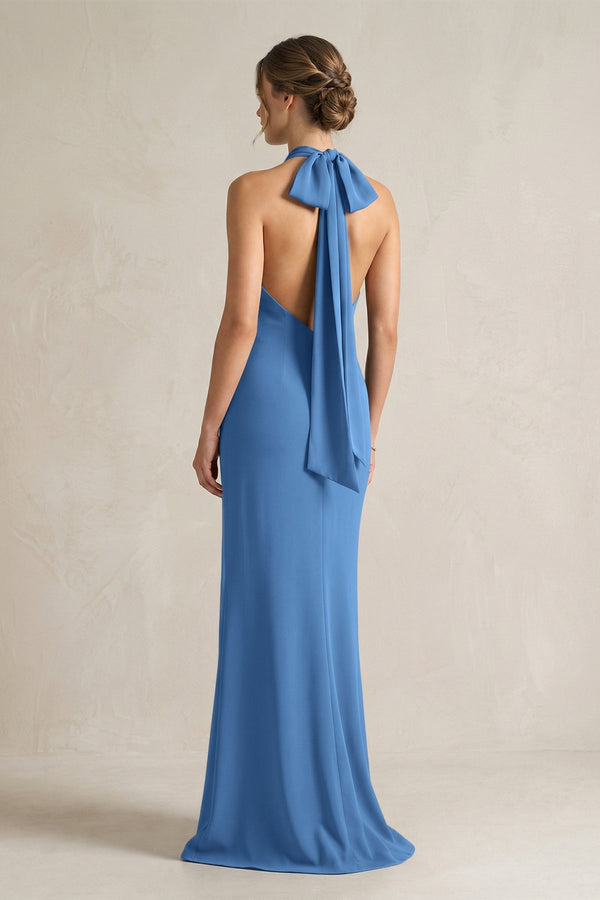 Halter Sheath Satin Bridesmaid Dress With Bow in Dusty Blue - KissProm Bridesmaid Dresses