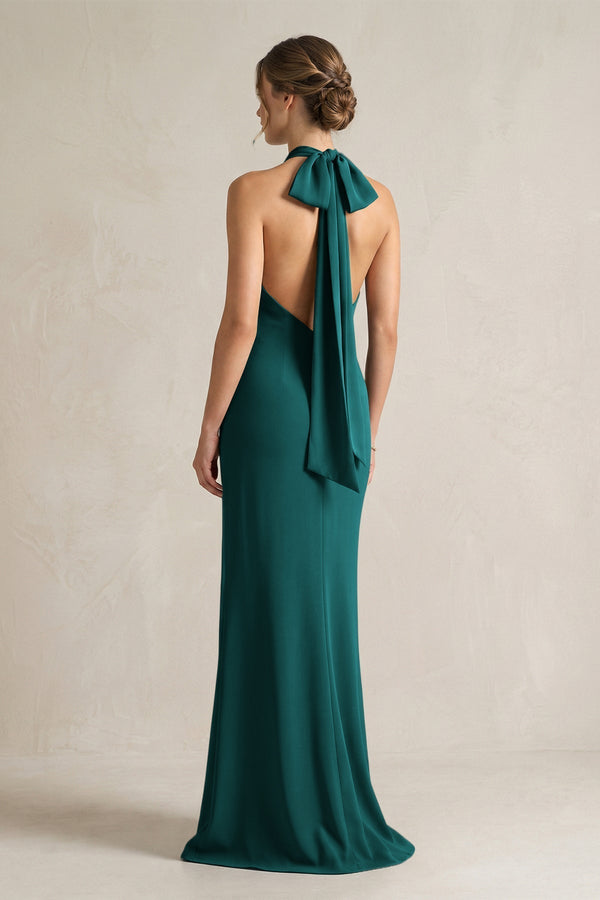 Halter Sheath Satin Bridesmaid Dress With Bow in Emerald - KissProm Bridesmaid Dresses