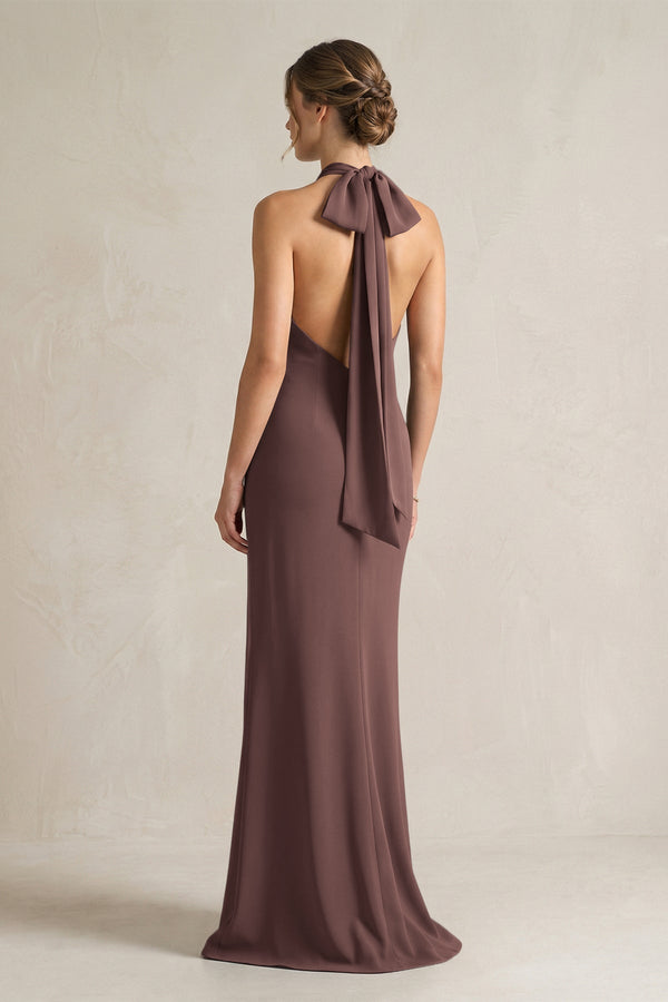 Halter Sheath Satin Bridesmaid Dress With Bow in Espresso - KissProm Bridesmaid Dresses