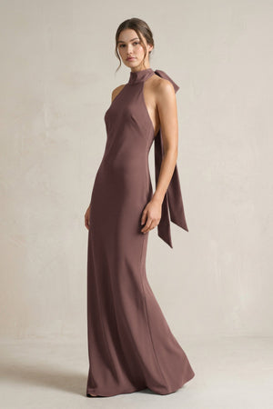 Halter Sheath Satin Bridesmaid Dress With Bow in Espresso - KissProm Bridesmaid Dresses
