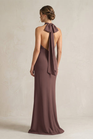 Halter Sheath Satin Bridesmaid Dress With Bow in Espresso - KissProm Bridesmaid Dresses