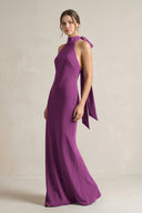 Halter Sheath Satin Bridesmaid Dress With Bow in Fig - KissProm Bridesmaid Dresses