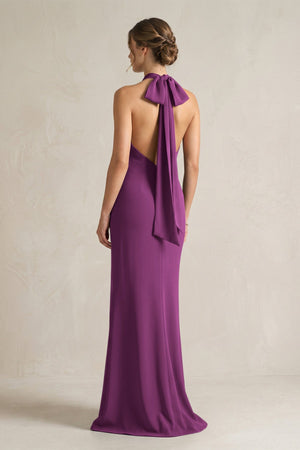 Halter Sheath Satin Bridesmaid Dress With Bow in Fig - KissProm Bridesmaid Dresses