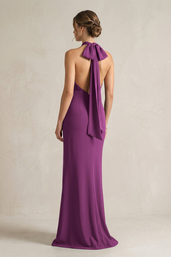 Halter Sheath Satin Bridesmaid Dress With Bow in Fig - KissProm Bridesmaid Dresses