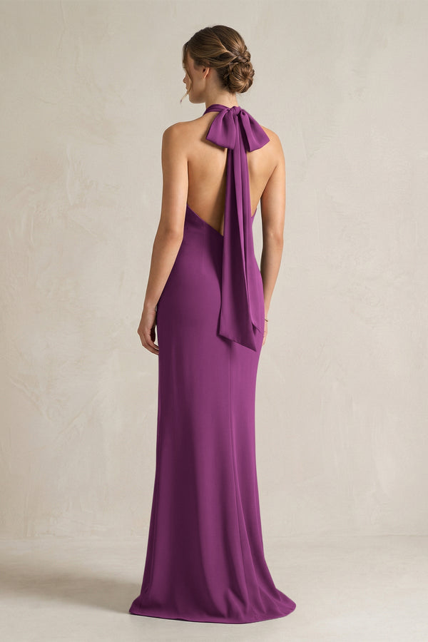Halter Sheath Satin Bridesmaid Dress With Bow in Fig - KissProm Bridesmaid Dresses
