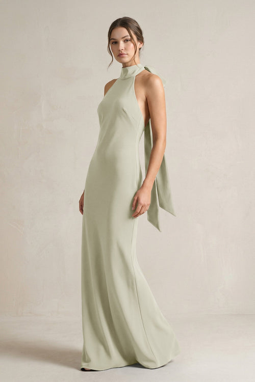 Halter Sheath Satin Bridesmaid Dress With Bow in Frost - KissProm Bridesmaid Dresses