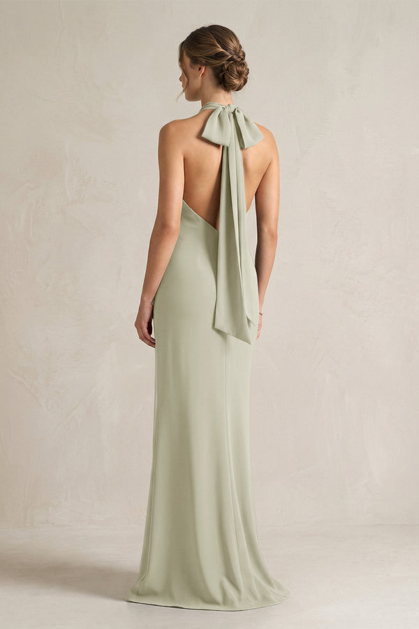 Halter Sheath Satin Bridesmaid Dress With Bow in Frost - KissProm Bridesmaid Dresses