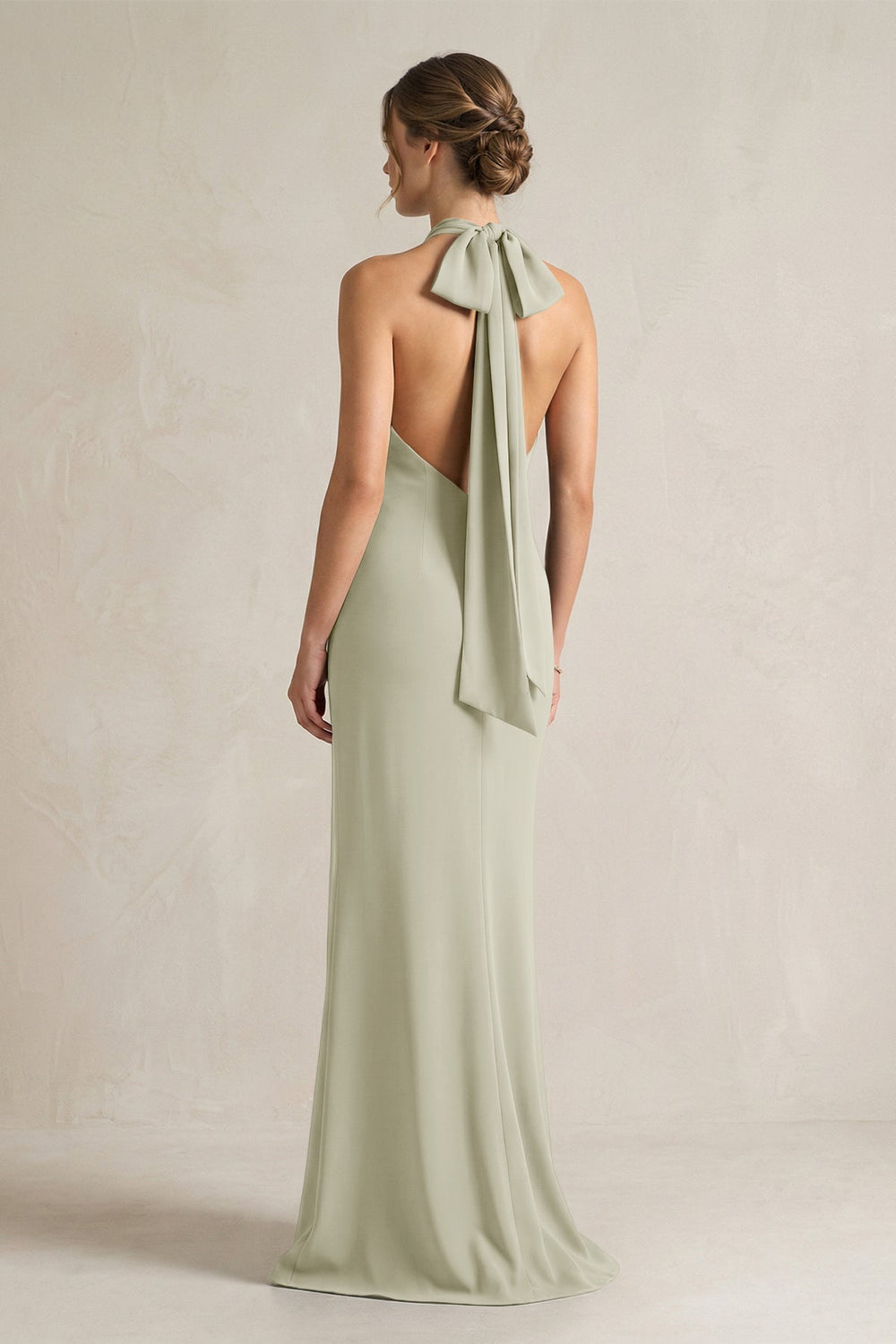 Halter Sheath Satin Bridesmaid Dress With Bow in Frost - KissProm Bridesmaid Dresses