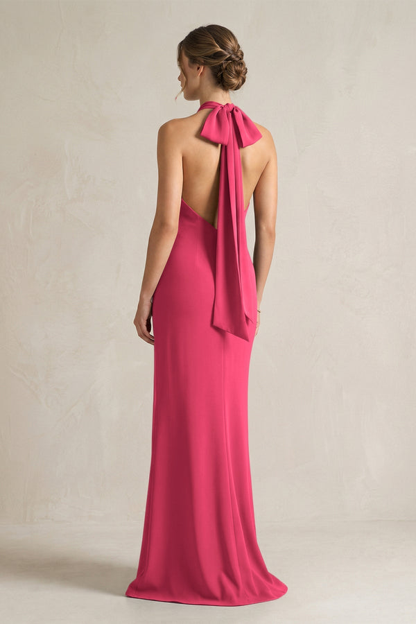 Halter Sheath Satin Bridesmaid Dress With Bow in Fuchsia - KissProm Bridesmaid Dresses