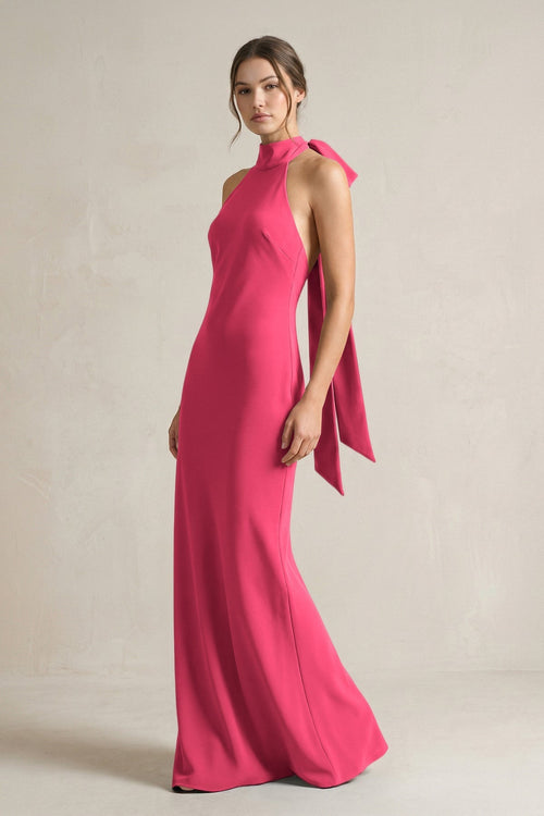 Halter Sheath Satin Bridesmaid Dress With Bow in Fuchsia - KissProm Bridesmaid Dresses