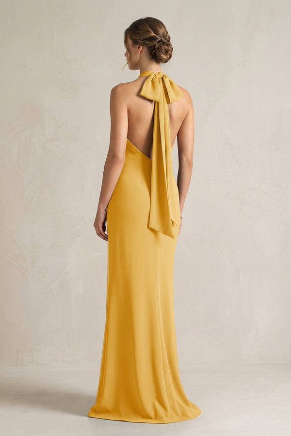Halter Sheath Satin Bridesmaid Dress With Bow in Gold - KissProm Bridesmaid Dresses