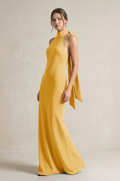 Halter Sheath Satin Bridesmaid Dress With Bow in Gold - KissProm Bridesmaid Dresses