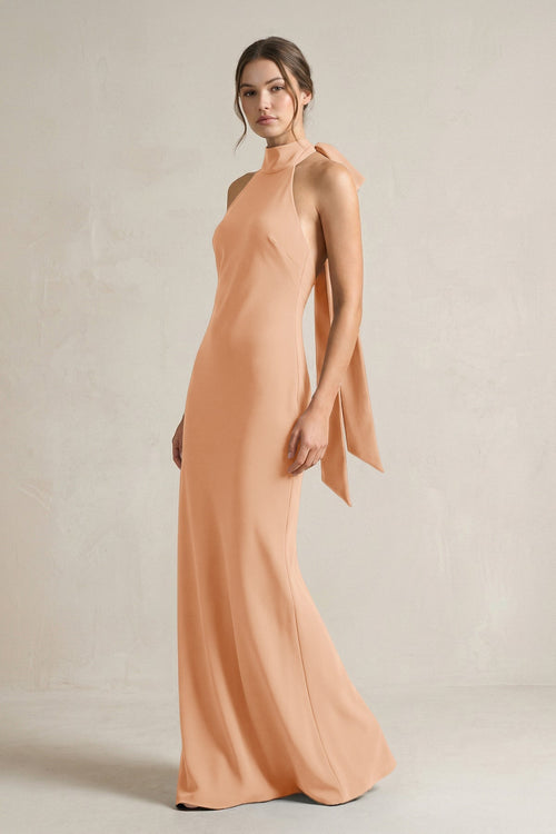 Halter Sheath Satin Bridesmaid Dress With Bow in Golden Champagne - KissProm Bridesmaid Dresses