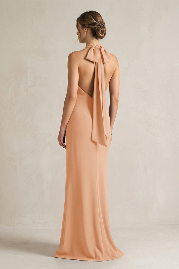 Halter Sheath Satin Bridesmaid Dress With Bow in Golden Champagne - KissProm Bridesmaid Dresses