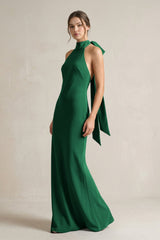 Halter Sheath Satin Bridesmaid Dress With Bow in Green - KissProm Bridesmaid Dresses