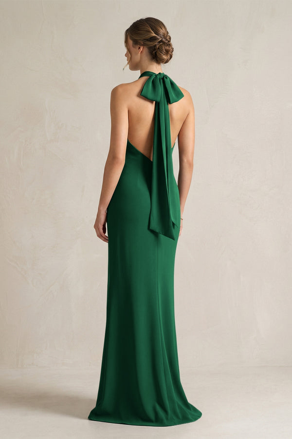 Halter Sheath Satin Bridesmaid Dress With Bow in Green - KissProm Bridesmaid Dresses