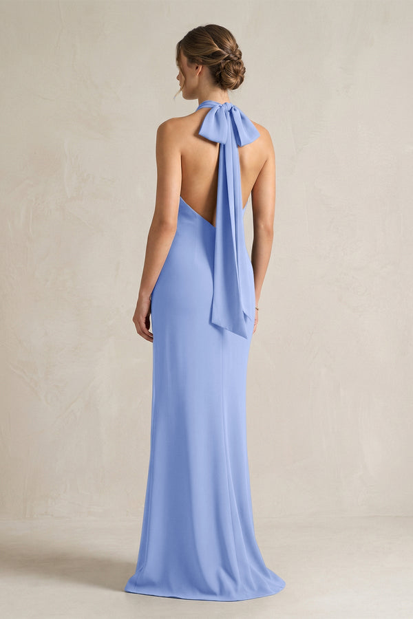 Halter Sheath Satin Bridesmaid Dress With Bow in Ice - KissProm Bridesmaid Dresses