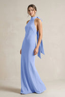 Halter Sheath Satin Bridesmaid Dress With Bow in Ice - KissProm Bridesmaid Dresses