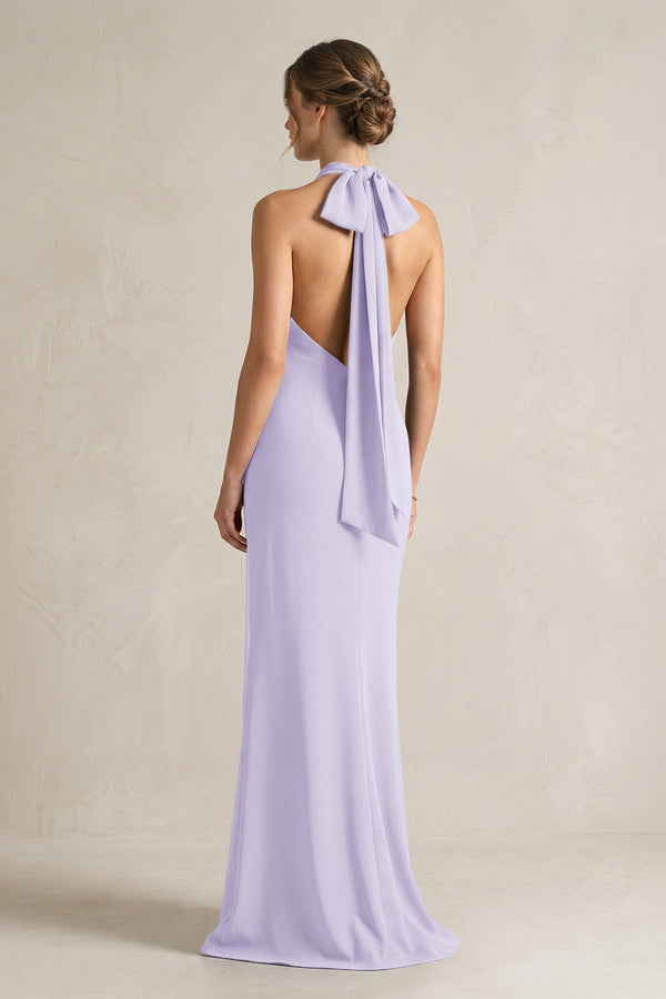 Halter Sheath Satin Bridesmaid Dress With Bow in Lavender - KissProm Bridesmaid Dresses
