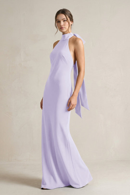 Halter Sheath Satin Bridesmaid Dress With Bow in Lavender - KissProm Bridesmaid Dresses