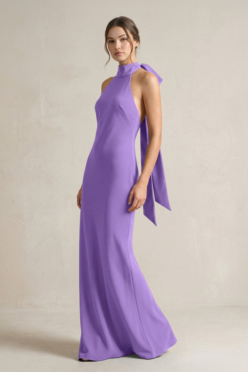 Halter Sheath Satin Bridesmaid Dress With Bow in Lilac - KissProm Bridesmaid Dresses