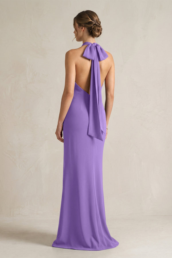 Halter Sheath Satin Bridesmaid Dress With Bow in Lilac - KissProm Bridesmaid Dresses