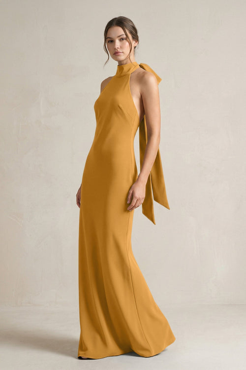 Halter Sheath Satin Bridesmaid Dress With Bow in Marigold - KissProm Bridesmaid Dresses