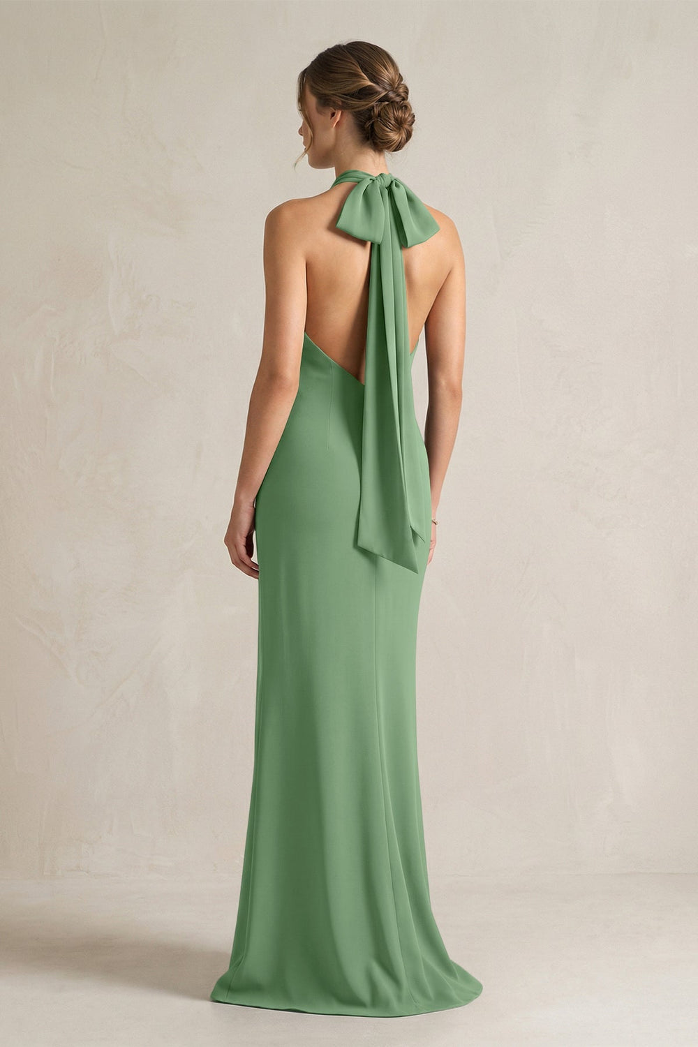 Halter Sheath Satin Bridesmaid Dress With Bow in Matcha - KissProm Bridesmaid Dresses