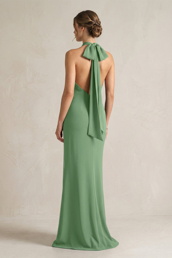 Halter Sheath Satin Bridesmaid Dress With Bow in Matcha - KissProm Bridesmaid Dresses