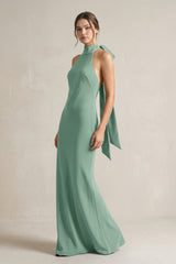 Halter Sheath Satin Bridesmaid Dress With Bow in Mint Green - KissProm Bridesmaid Dresses