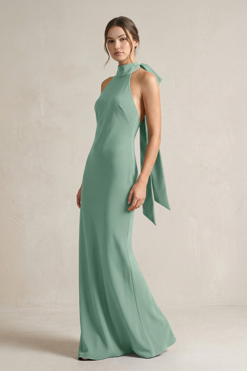 Halter Sheath Satin Bridesmaid Dress With Bow in Mint Green - KissProm Bridesmaid Dresses