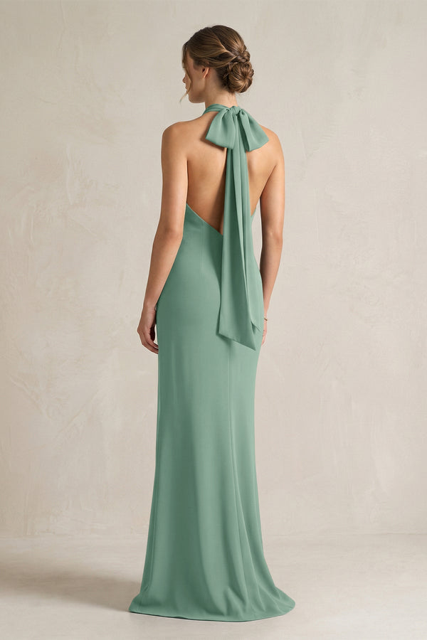 Halter Sheath Satin Bridesmaid Dress With Bow in Mint Green - KissProm Bridesmaid Dresses
