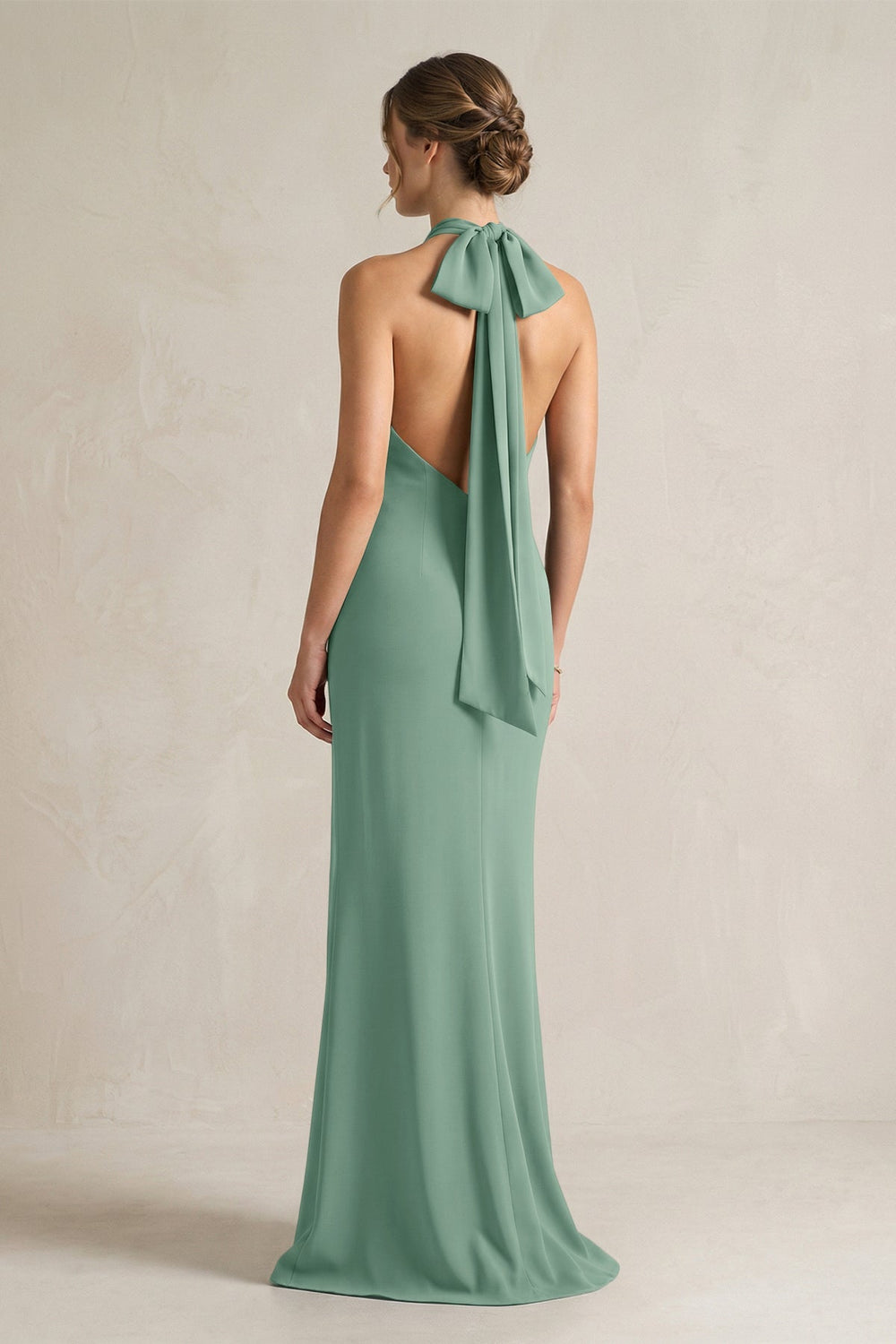 Halter Sheath Satin Bridesmaid Dress With Bow in Mint Green - KissProm Bridesmaid Dresses