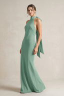 Halter Sheath Satin Bridesmaid Dress With Bow in Mint Green - KissProm Bridesmaid Dresses