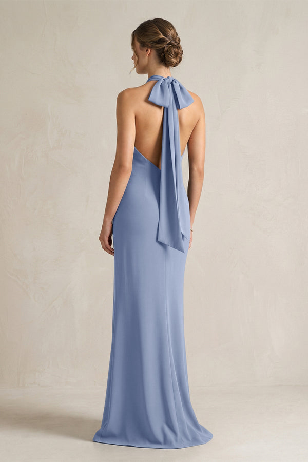 Halter Sheath Satin Bridesmaid Dress With Bow in Mist - KissProm Bridesmaid Dresses