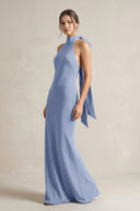 Halter Sheath Satin Bridesmaid Dress With Bow in Mist - KissProm Bridesmaid Dresses