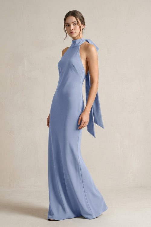 Halter Sheath Satin Bridesmaid Dress With Bow in Mist - KissProm Bridesmaid Dresses
