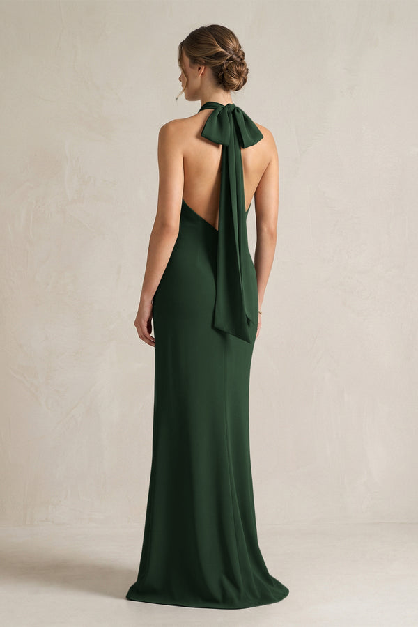Halter Sheath Satin Bridesmaid Dress With Bow in Moss - KissProm Bridesmaid Dresses