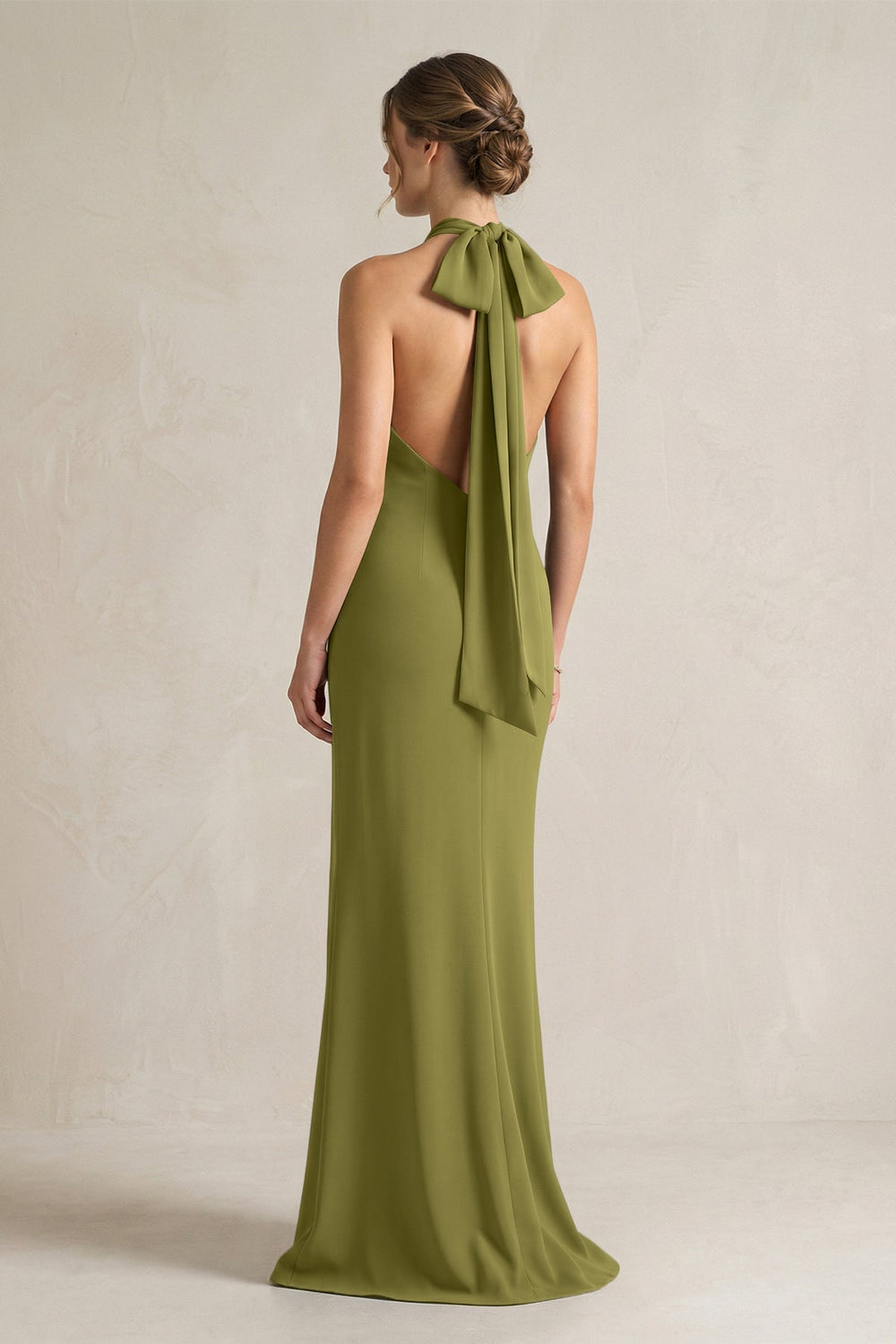 Halter Sheath Satin Bridesmaid Dress With Bow in Moss Green - KissProm Bridesmaid Dresses