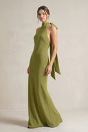 Halter Sheath Satin Bridesmaid Dress With Bow in Moss Green - KissProm Bridesmaid Dresses