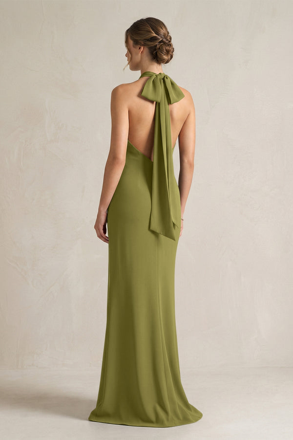 Halter Sheath Satin Bridesmaid Dress With Bow in Moss Green - KissProm Bridesmaid Dresses