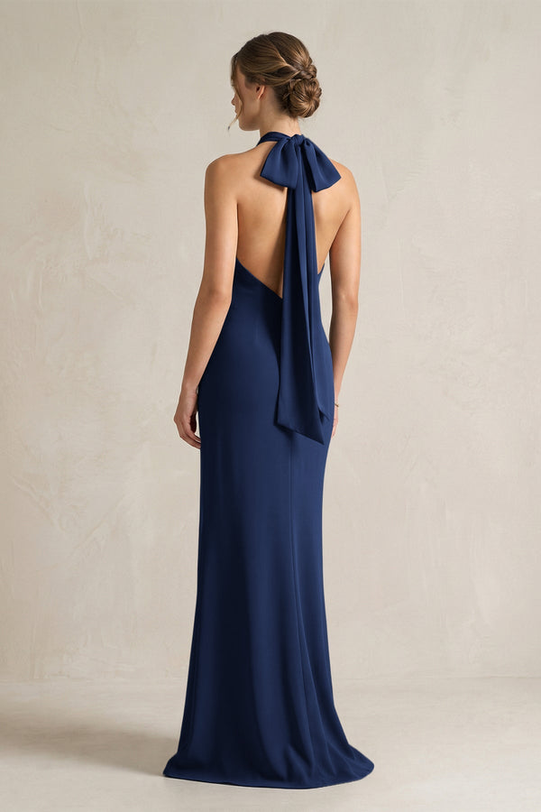 Halter Sheath Satin Bridesmaid Dress With Bow in Navy - KissProm Bridesmaid Dresses