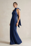 Halter Sheath Satin Bridesmaid Dress With Bow in Navy - KissProm Bridesmaid Dresses