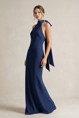 Halter Sheath Satin Bridesmaid Dress With Bow in Navy - KissProm Bridesmaid Dresses