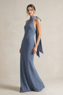 Halter Sheath Satin Bridesmaid Dress With Bow in Neptune - KissProm Bridesmaid Dresses