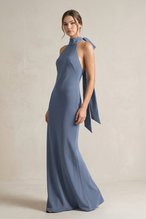 Halter Sheath Satin Bridesmaid Dress With Bow in Neptune - KissProm Bridesmaid Dresses